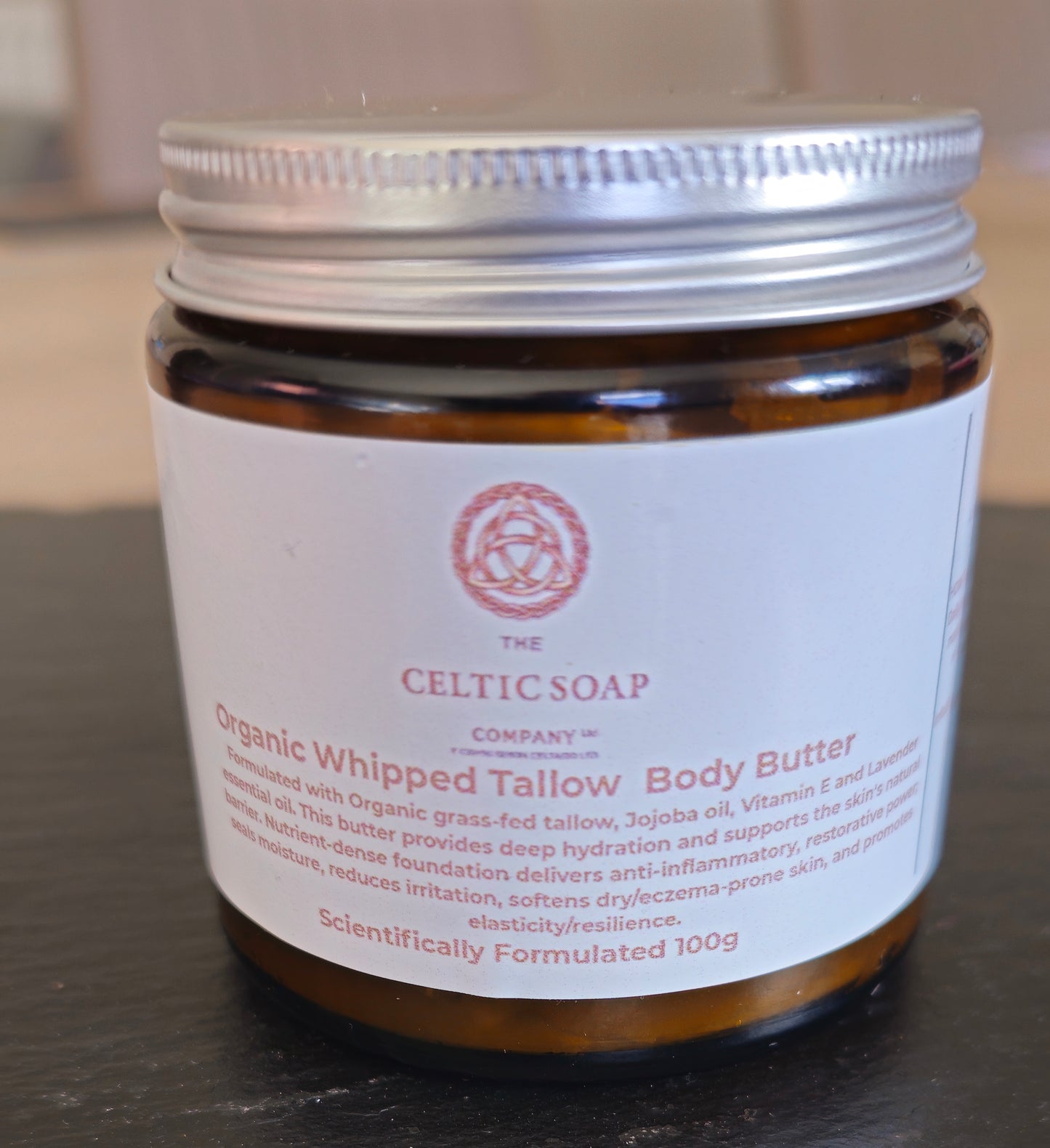 Whipped Organic Tallow body butter 100g amber glass jar.