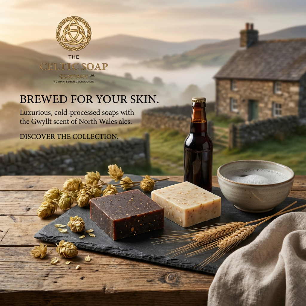 Ale and stout soap bars with hops, grain and a beer bottle outside a stone cottage. Brewed for your skin.