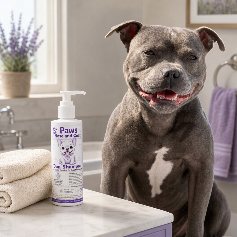 Grey dog beside a bottle of Paws Nose and Coat Dog Shampoo and folded towels in a bathroom.