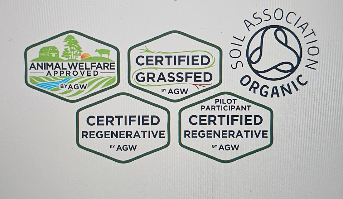 AGW animal welfare, grassfed and regenerative certification logos alongside the Soil Association Organic logo.