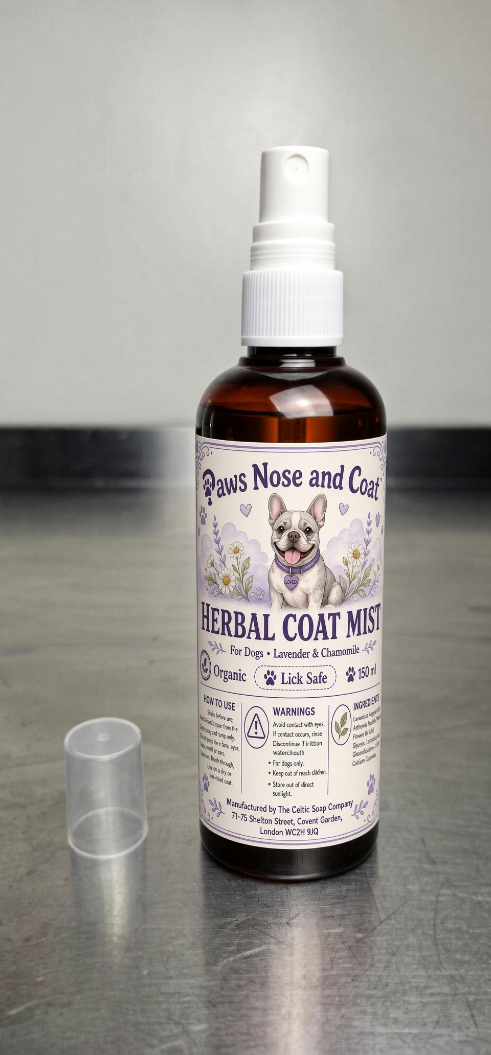 Paws Nose and Coat Herbal Coat Mist 150ml amber spray bottle with lavender and chamomile label