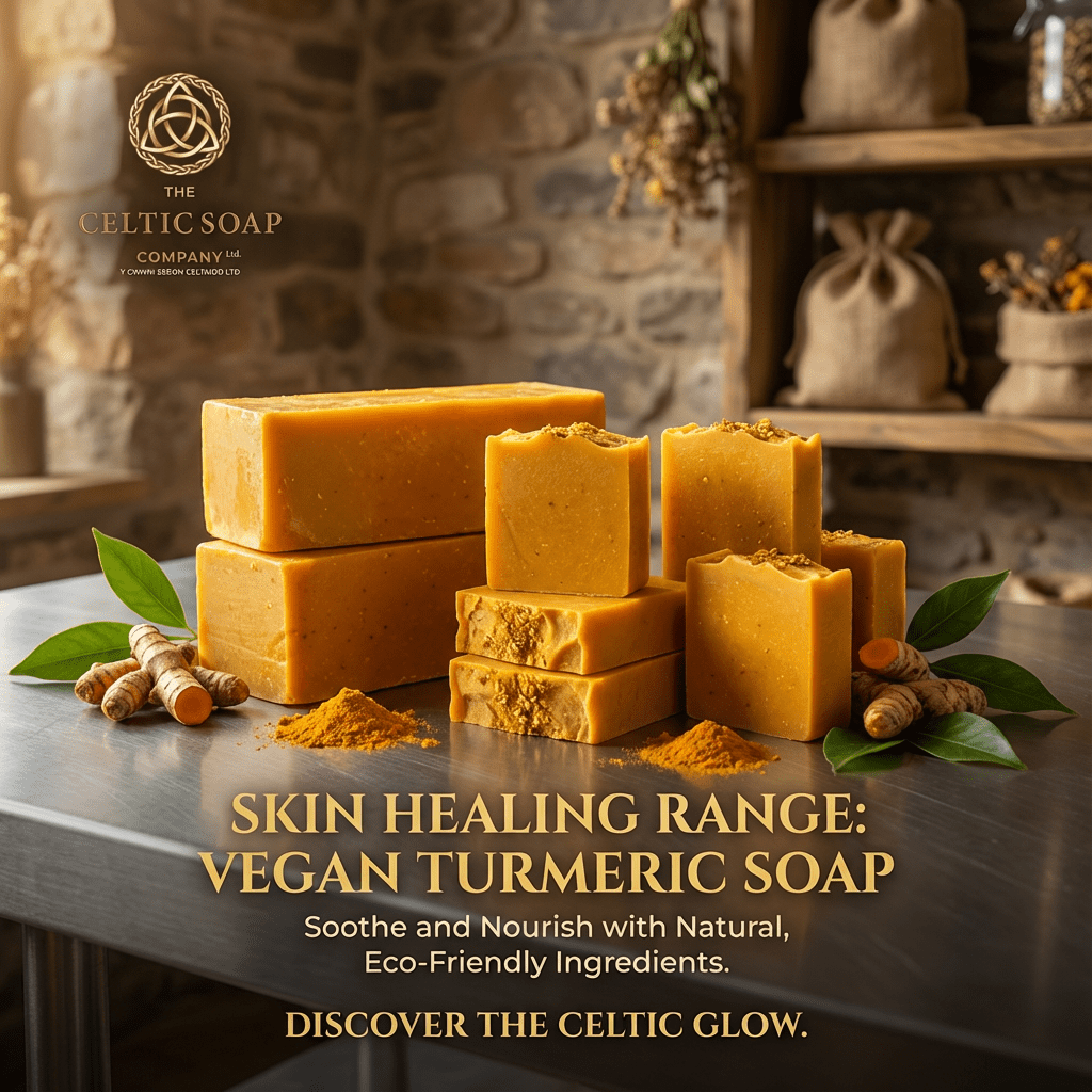 Golden turmeric soap bars stacked beside turmeric roots, powder and green leaves on a worktop in a rustic setting.